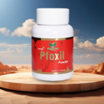 A white bottle with a red and white label named Product 4 is displayed on a wooden platform against a desert landscape, advertised for easing Fistula Pain.