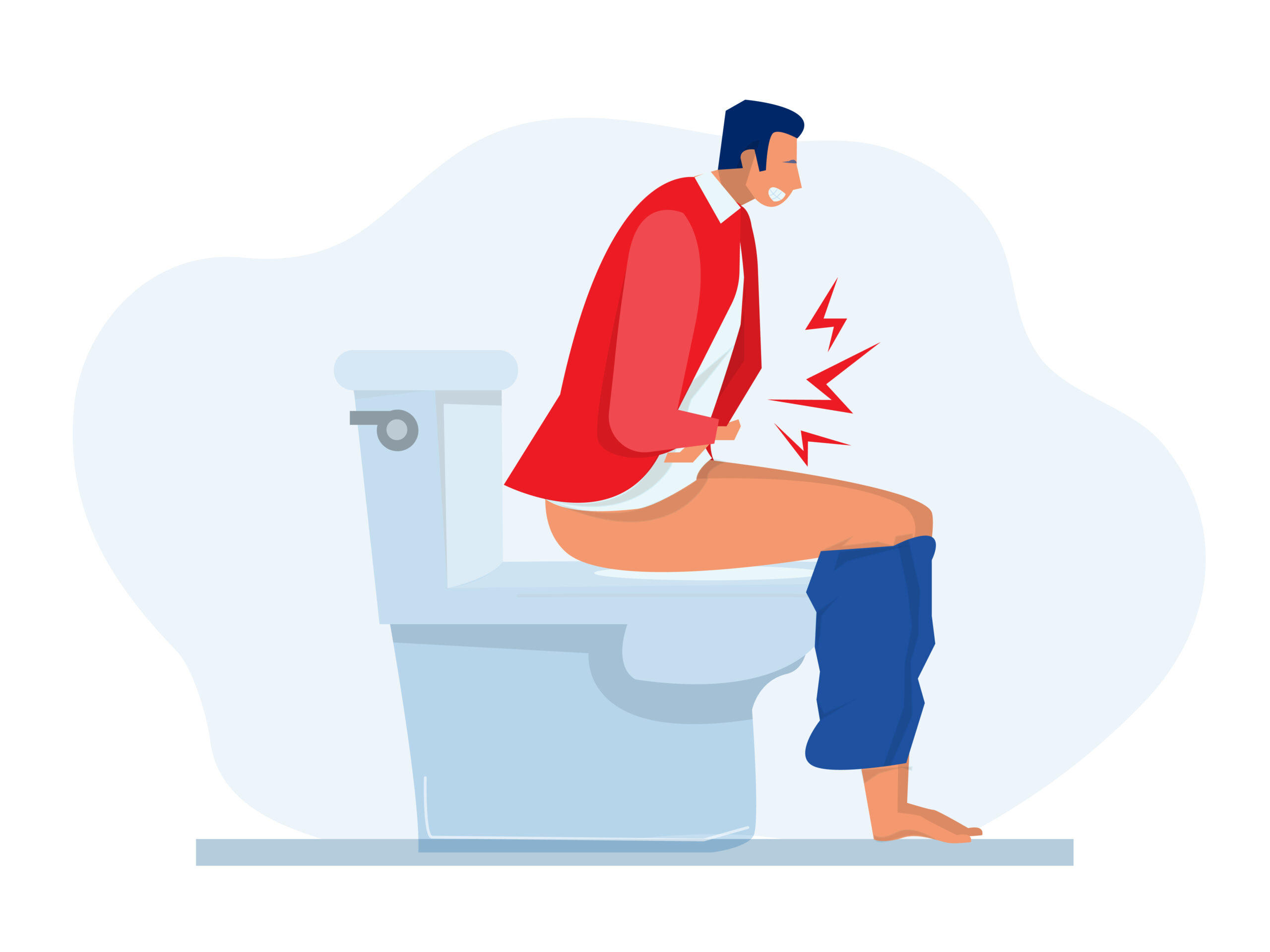 In this illustration a men is sitting on Toilet for stool and put his hands on below the stomach due to suffering Piles pain